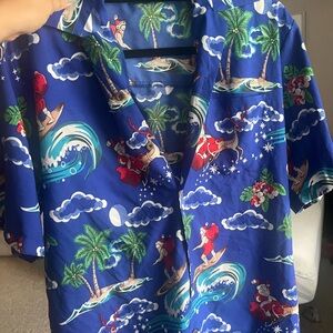 Blue Hawaiian Shirt with Santa Surfing Print
